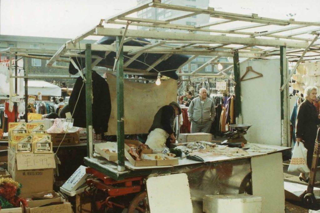 A market stall of Chrisp Street Market in 1989