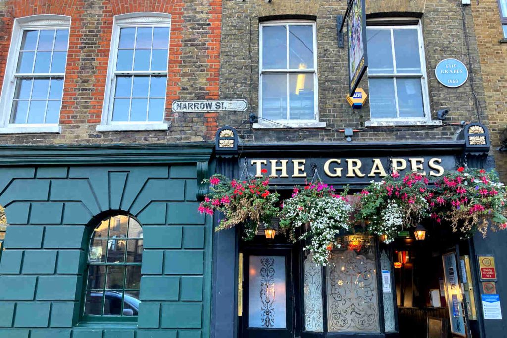 The outside of the Grapes pub on Narrow Street.