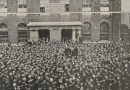 A meeting of striking dockworkers outside West India Quay, East London, during the Great Dock Strike, 1889.