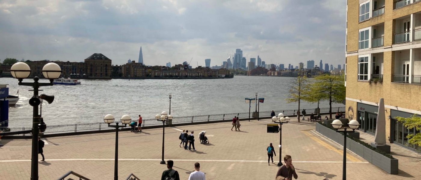 View of the River Thames and central London from Westferry Circus, Isle of Dogs, East London.