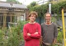 Cameron Bray and Andy Belfield, project coordinators at r-urban, stand in the urban garden at Brion Place, Poplar, East London