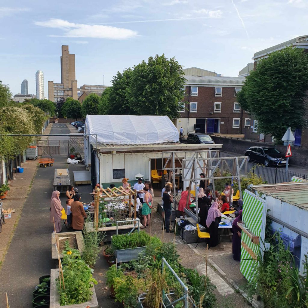 Aerial shot of the R-Urban garden with workshop taking place at Brion Place, Poplar, East London