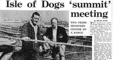 A cutting from the Daily Express showing the two prime ministers of the Isle of Dogs, Tower Hamlets, when it was declared an independent state in 1970.