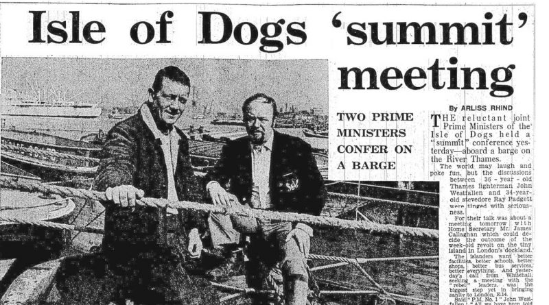 A cutting from the Daily Express showing the two prime ministers of the Isle of Dogs, Tower Hamlets, when it was declared an independent state in 1970.