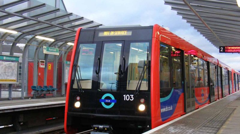 DLR train pulling into Blackwell station, not in service.