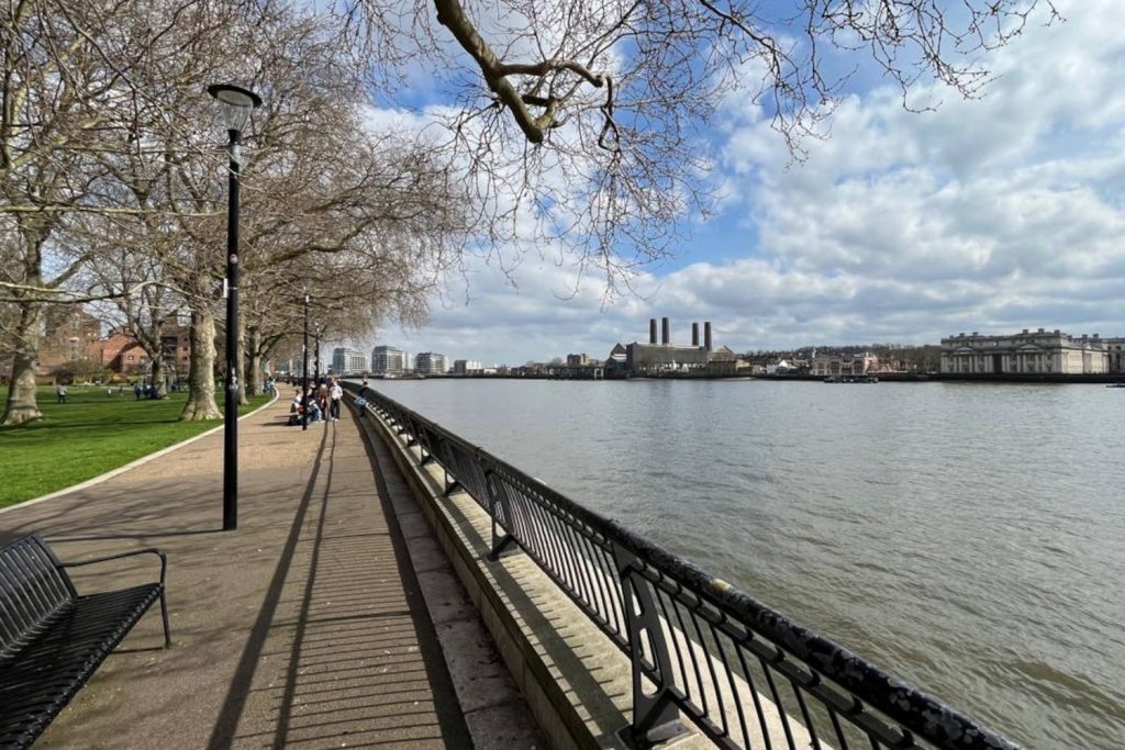 View of the River Thames from Island Gardens Park in Poplar, East London.