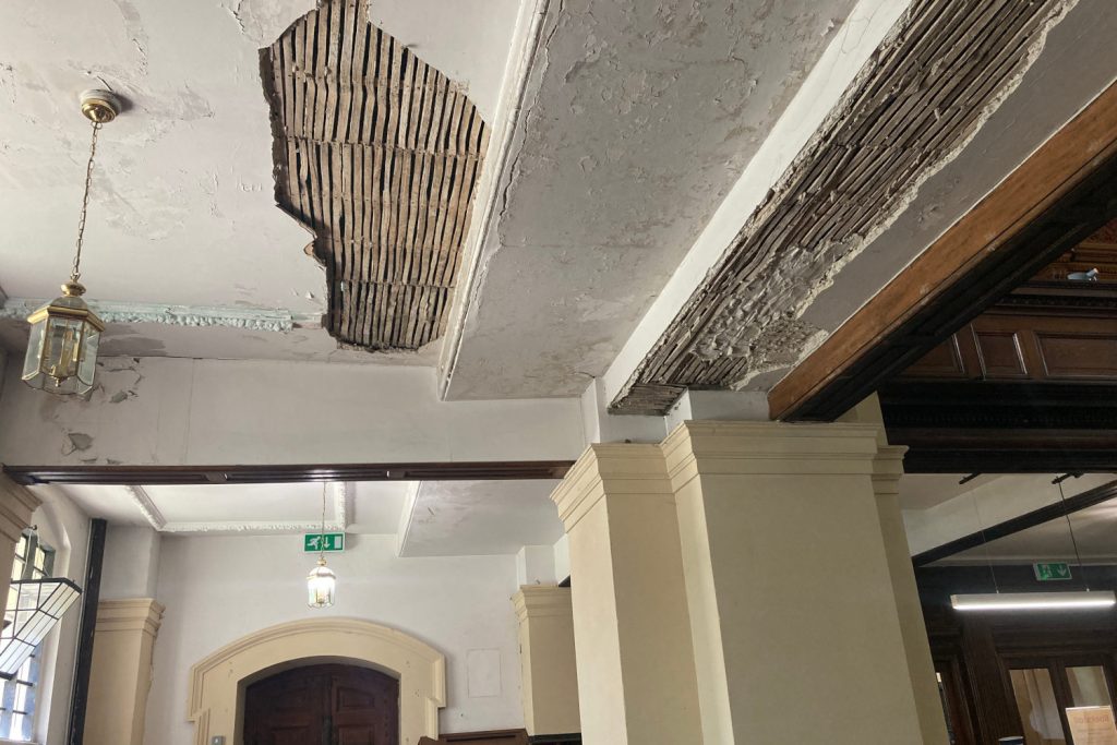 Plaster damage to ceiling of St Anne's Church in Limehouse, East London.