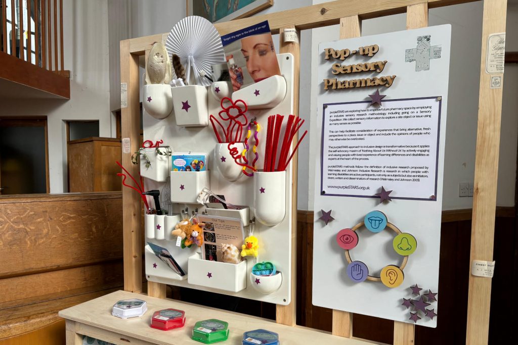 Colourful objects on display in the Architecture of Pharmacies exhibition at the Bromley-by-Bow Centre in East London.