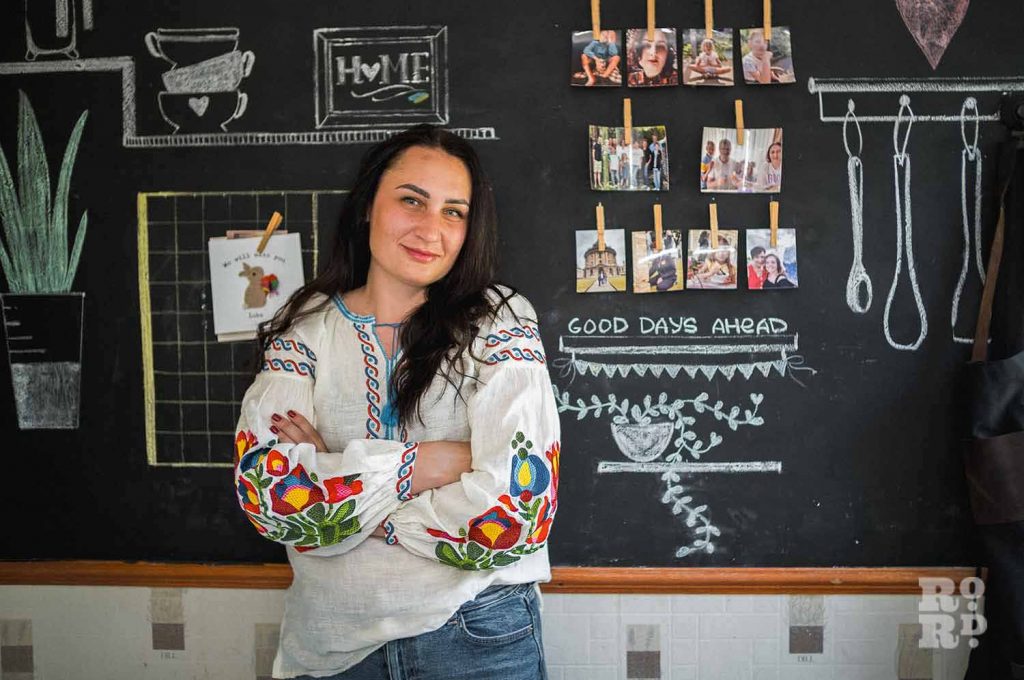 Luba Lukhanina, a Ukrainian refugee who fled the war, at her home in Poplar