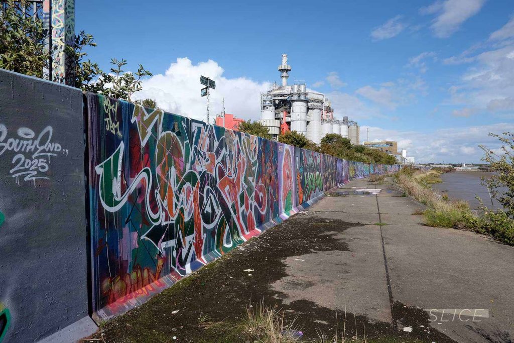 Graffiti wall on the Rainham to Grays Thames London Loop hike.